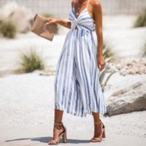 NWOT Vici Blue White Striped Halter Jumpsuit